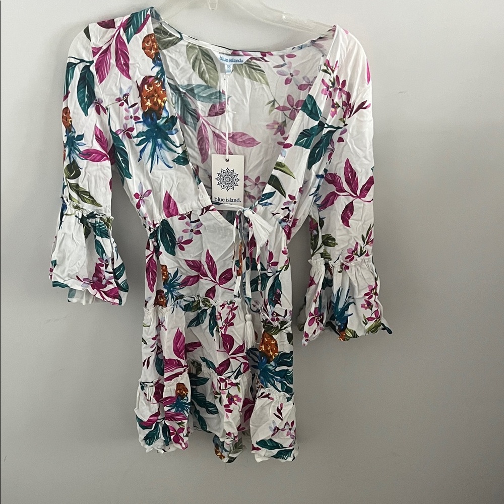 Blue Island Floral Romper with Ruffled Sleeves
